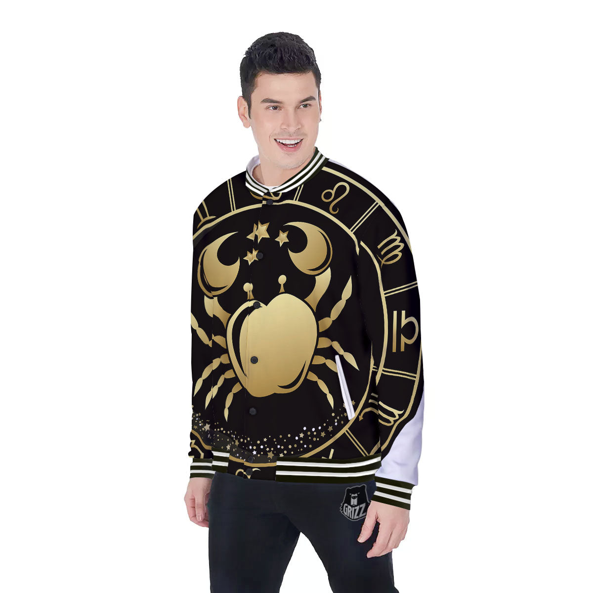 Cancer Sign Black And Gold Print Baseball Jacket-grizzshop