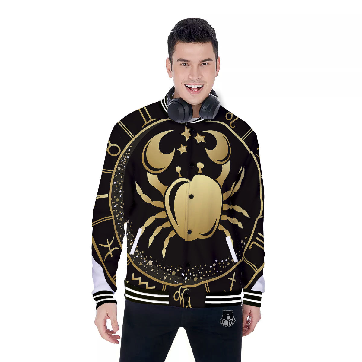 Cancer Sign Black And Gold Print Baseball Jacket-grizzshop