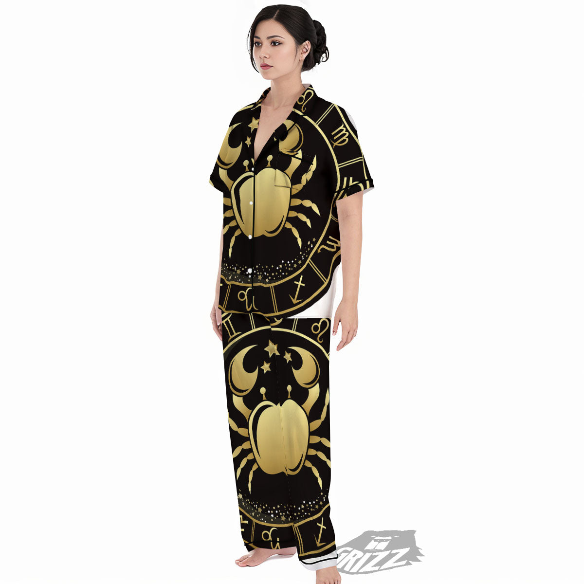 Cancer Sign Black And Gold Print Women's Pajamas Set-grizzshop