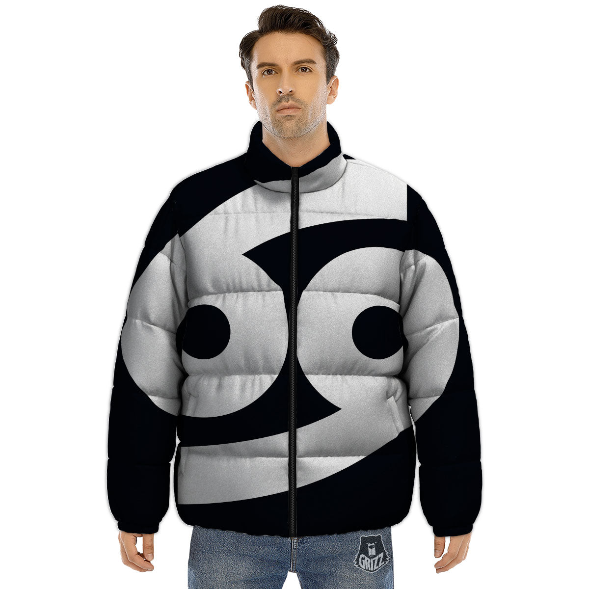 Cancer Sign White And Black Print Puffer Jacket-grizzshop
