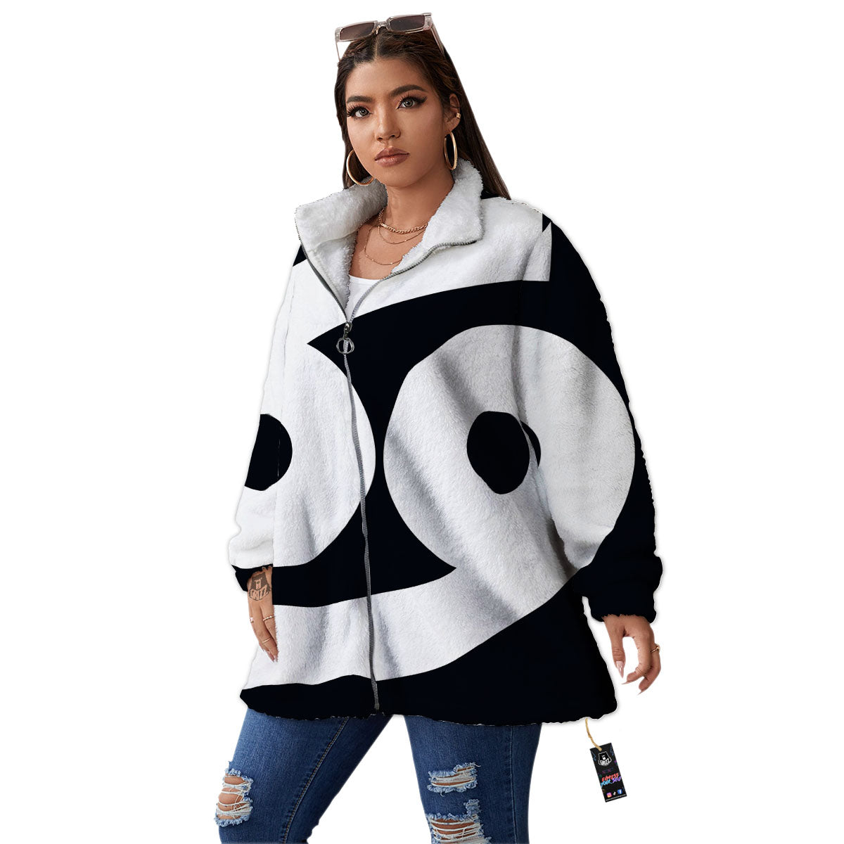 Cancer Sign White And Black Print Women's Sherpa Jacket-grizzshop