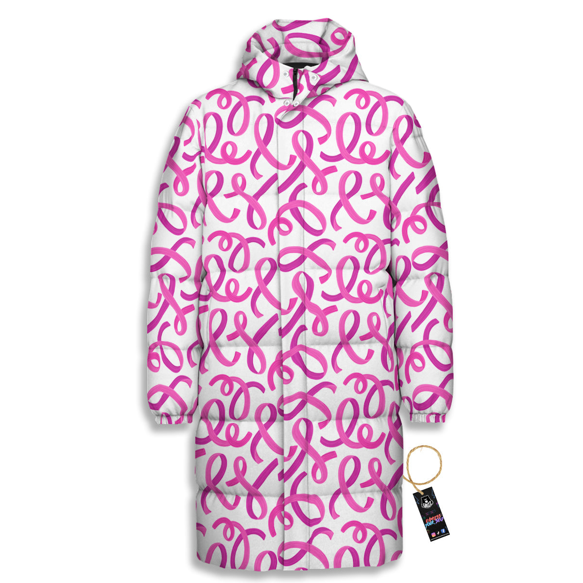 Cancer Awareness Print Pattern Long Down Jacket