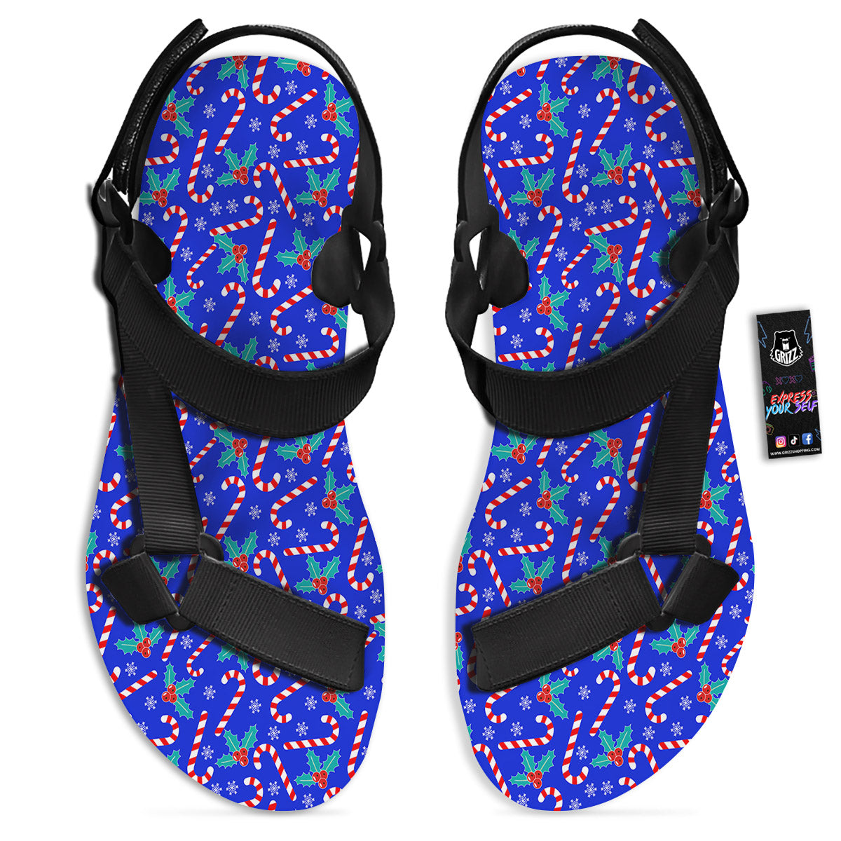 Candy And Christmas Berry Print Pattern Black Open Toe Sandals-grizzshop