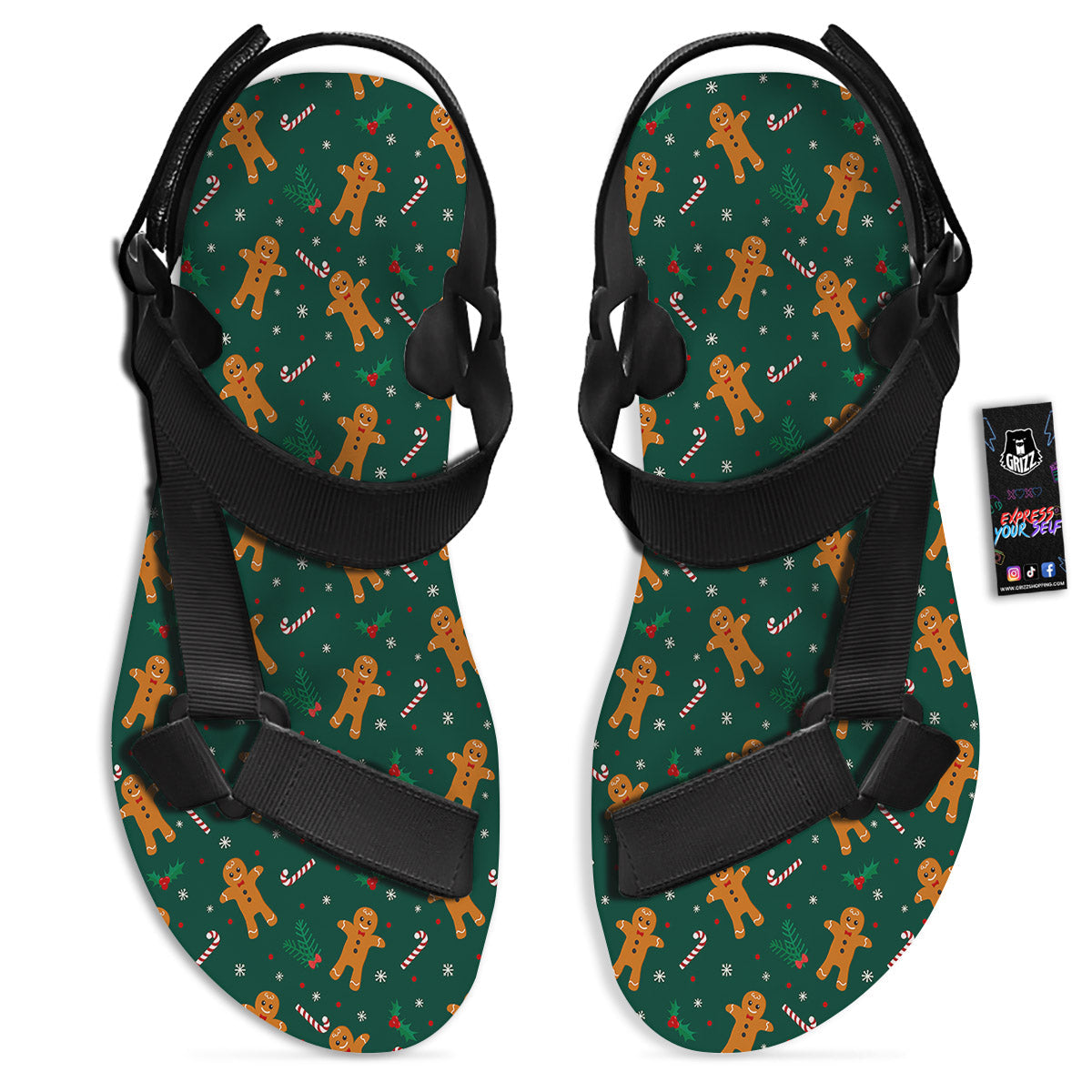 Candy And Christmas Cookie Print Pattern Black Open Toe Sandals-grizzshop