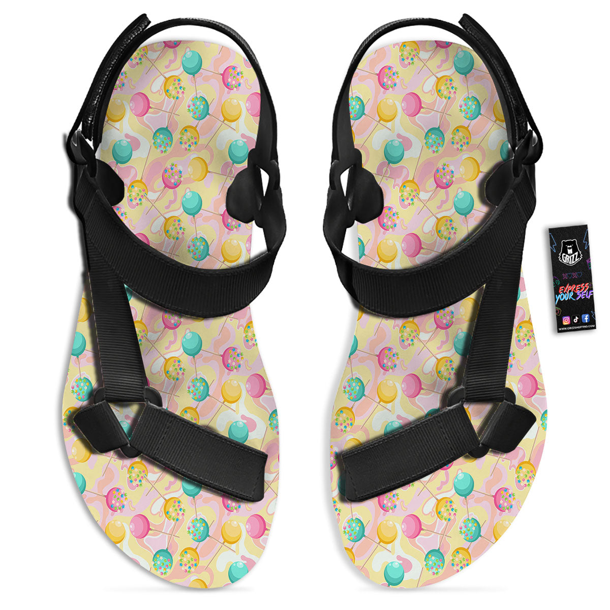 Candy And Colorful Lollipop Print Black Open Toe Sandals-grizzshop