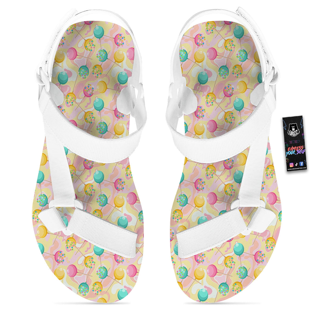 Candy And Colorful Lollipop Print White Open Toe Sandals-grizzshop