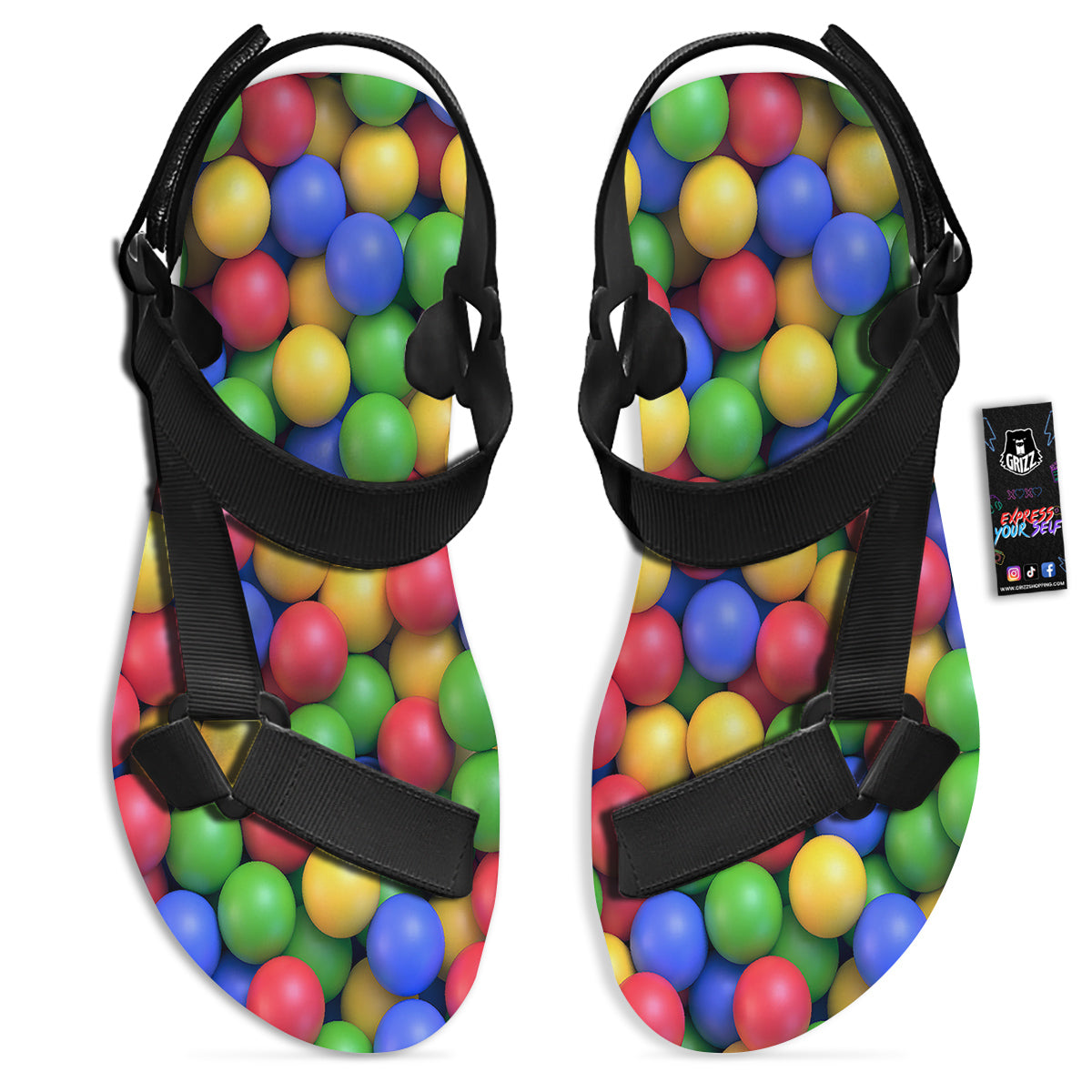 Candy Ball Colorful Print Black Open Toe Sandals-grizzshop