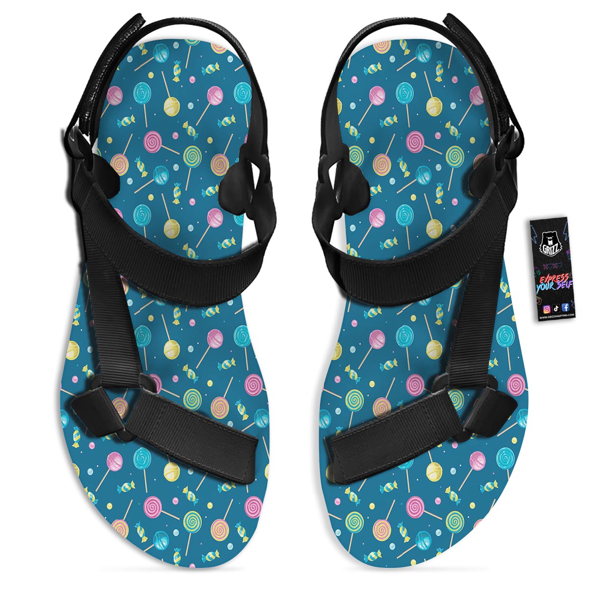 Candy Ball Sweet Print Pattern Black Open Toe Sandals-grizzshop