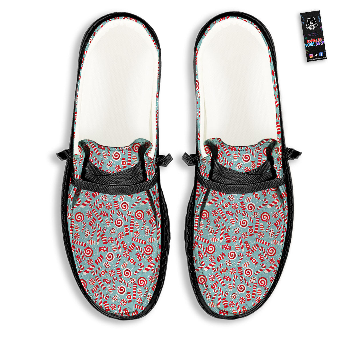 Candy Cane Christmas Print Pattern Black Loafers-grizzshop