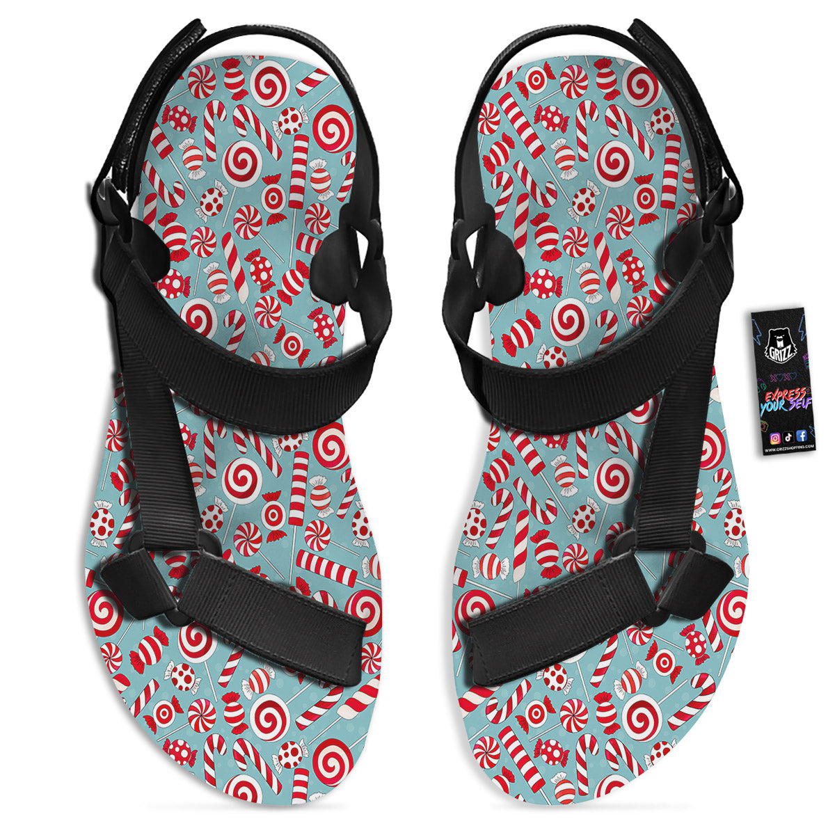 Candy Cane Christmas Print Pattern Black Open Toe Sandals-grizzshop