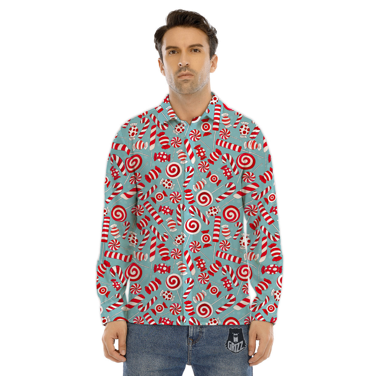 Candy Cane Christmas Print Pattern Men's Dress Shirts-grizzshop
