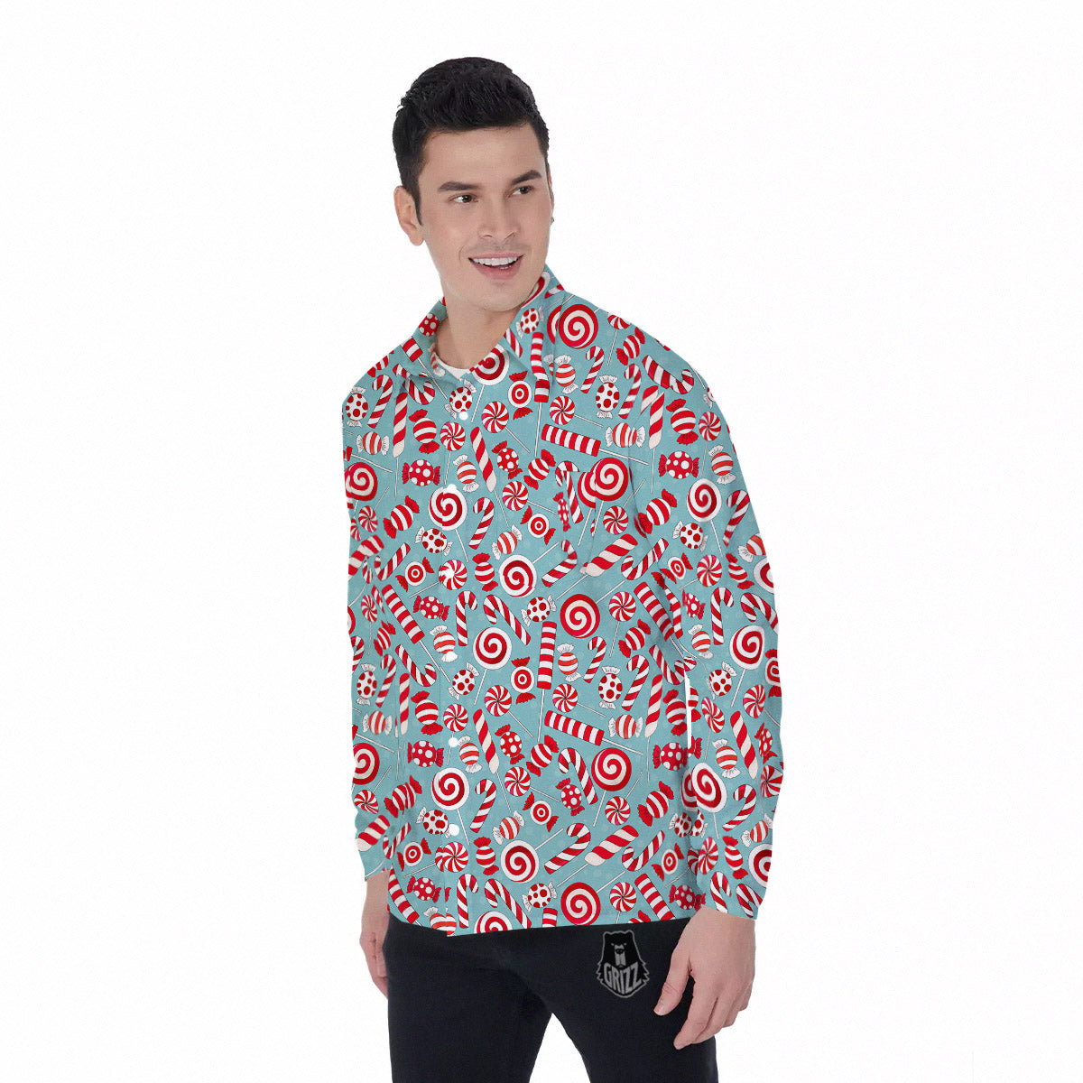 Candy Cane Christmas Print Pattern Men's Long Sleeve Shirts-grizzshop