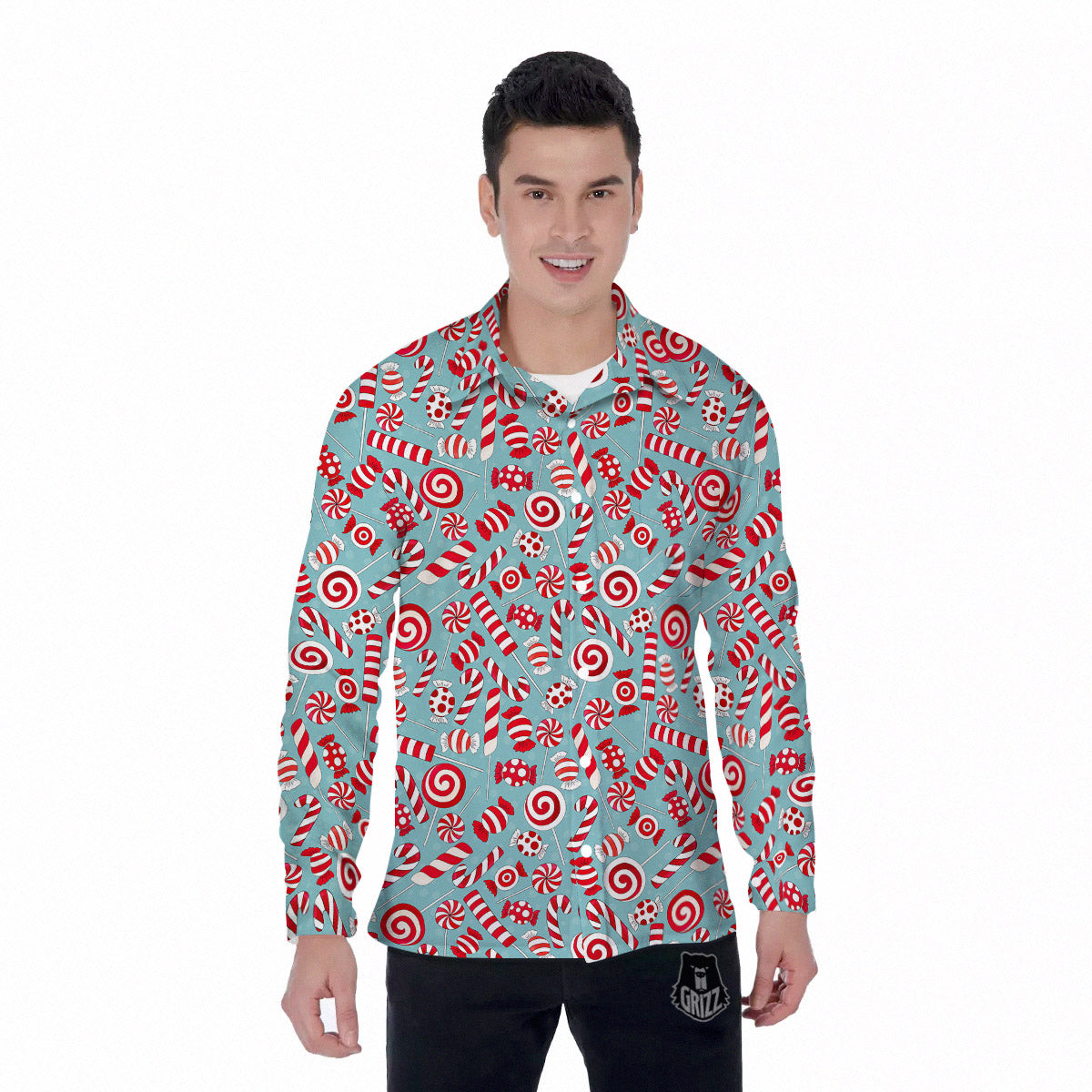 Candy Cane Christmas Print Pattern Men's Long Sleeve Shirts-grizzshop
