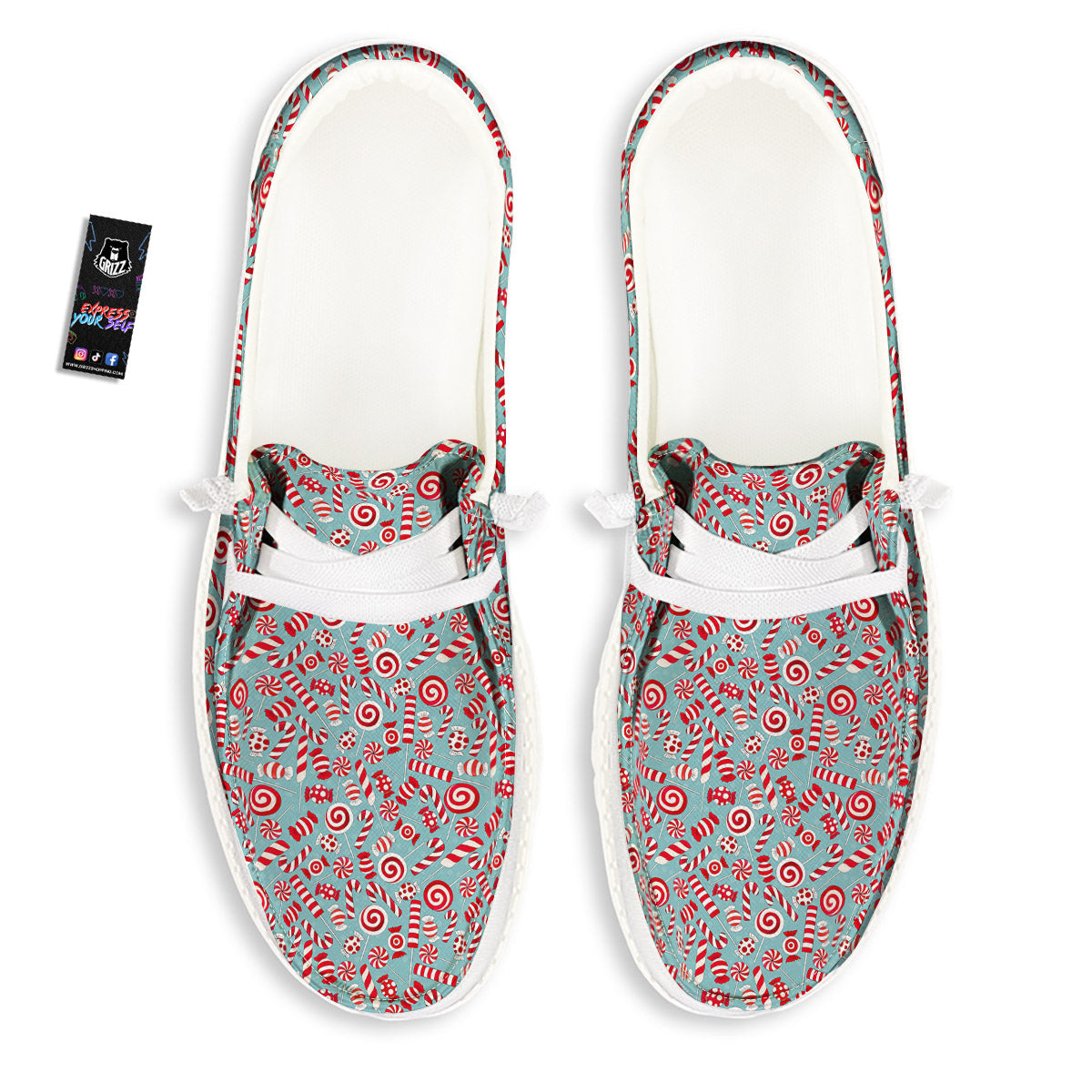 Candy Cane Christmas Print Pattern White Loafers-grizzshop