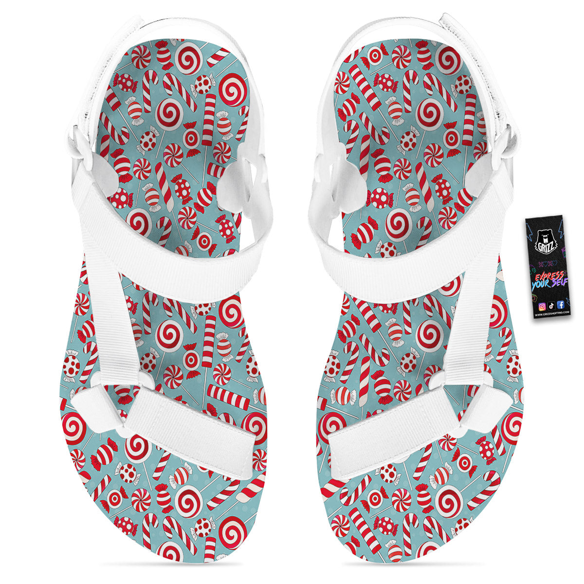Candy Cane Christmas Print Pattern White Open Toe Sandals-grizzshop