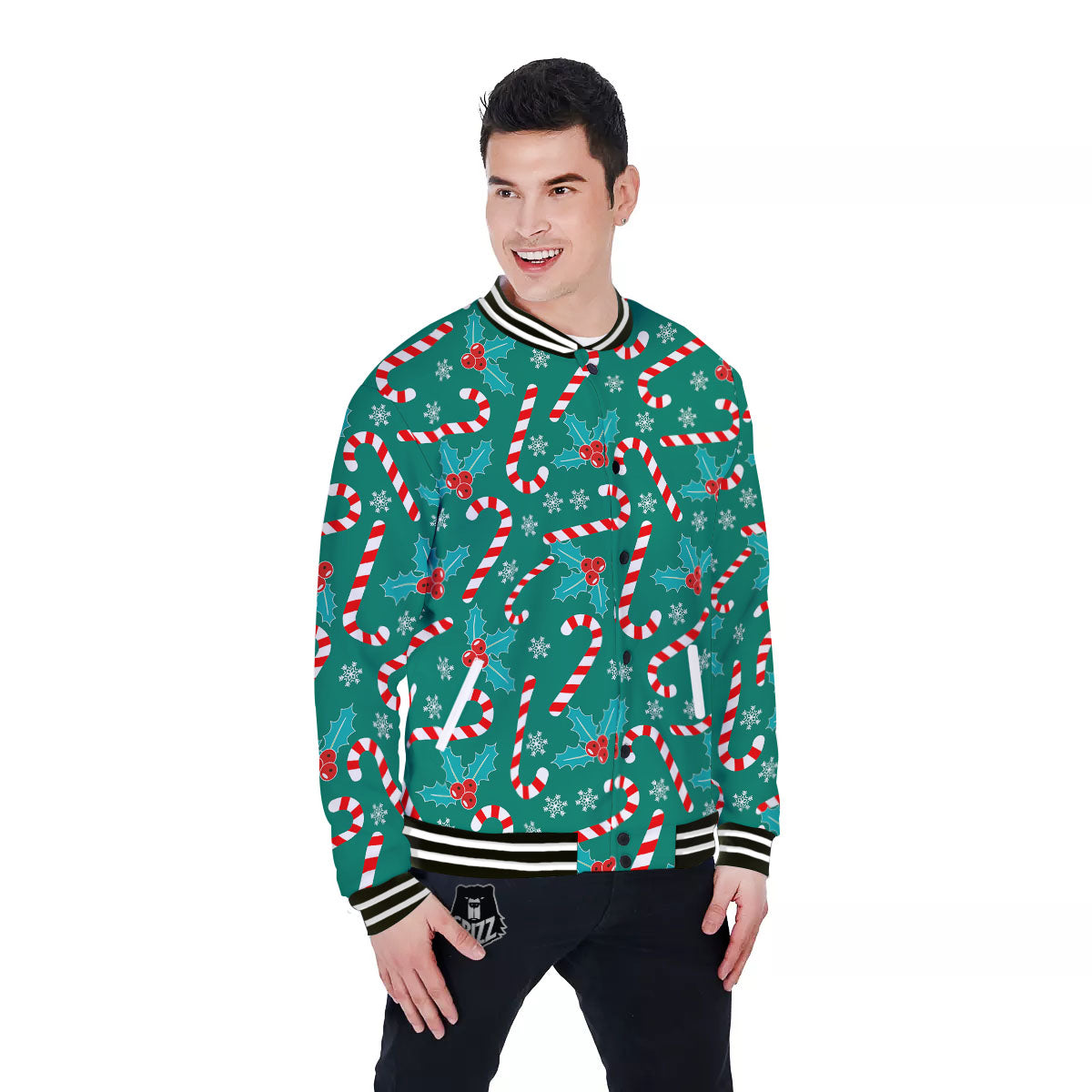 Candy Cane Merry Christmas Print Pattern Baseball Jacket-grizzshop