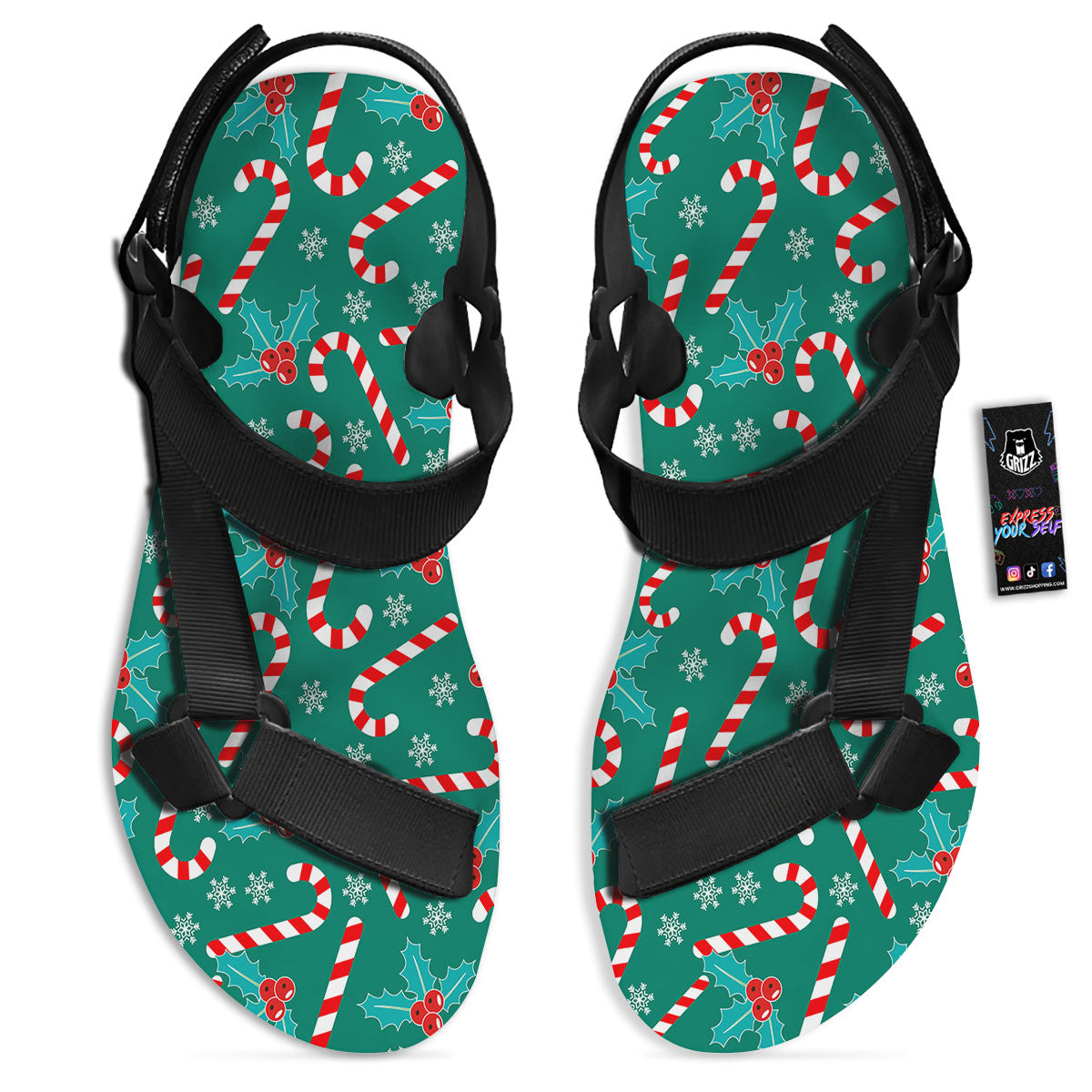 Candy Cane Merry Christmas Print Pattern Black Open Toe Sandals-grizzshop