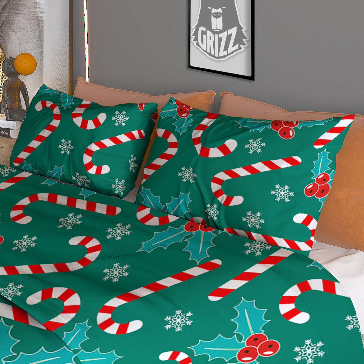 Candy Cane Merry Christmas Print Pattern Duvet Cover Bedding Set