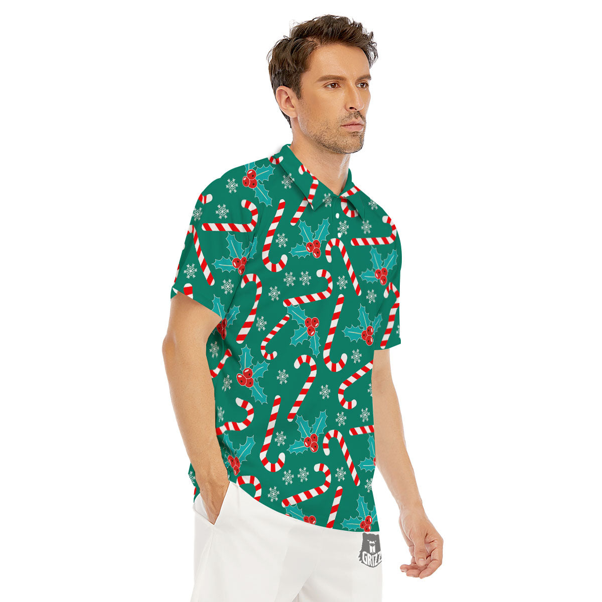 Candy Cane Merry Christmas Print Pattern Men's Golf Shirts-grizzshop