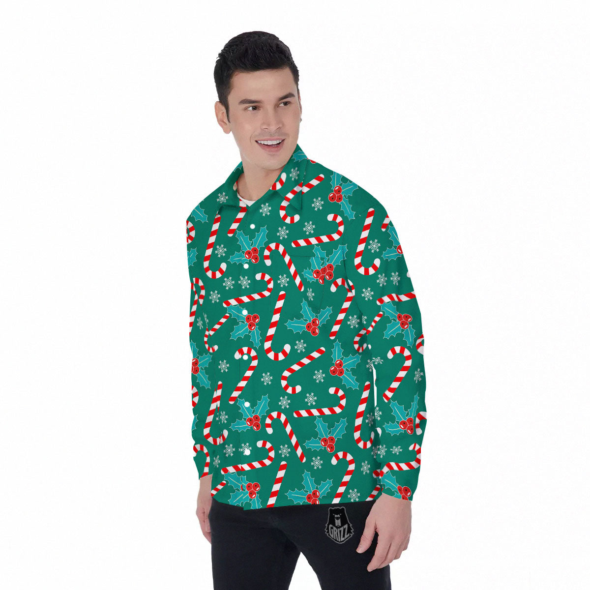 Candy Cane Merry Christmas Print Pattern Men's Long Sleeve Shirts-grizzshop
