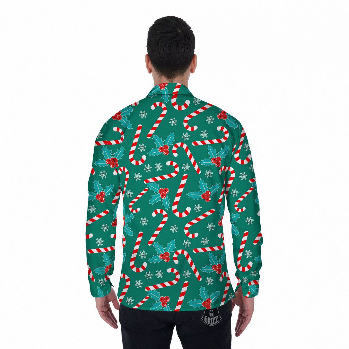 Candy Cane Merry Christmas Print Pattern Men's Long Sleeve Shirts-grizzshop