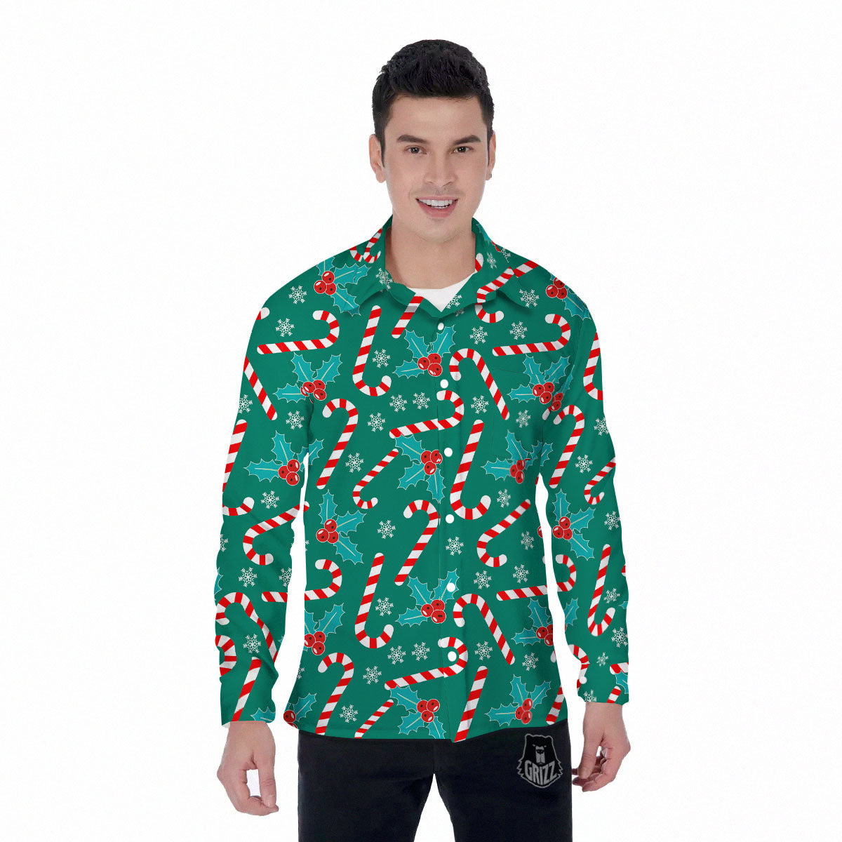 Candy Cane Merry Christmas Print Pattern Men's Long Sleeve Shirts-grizzshop