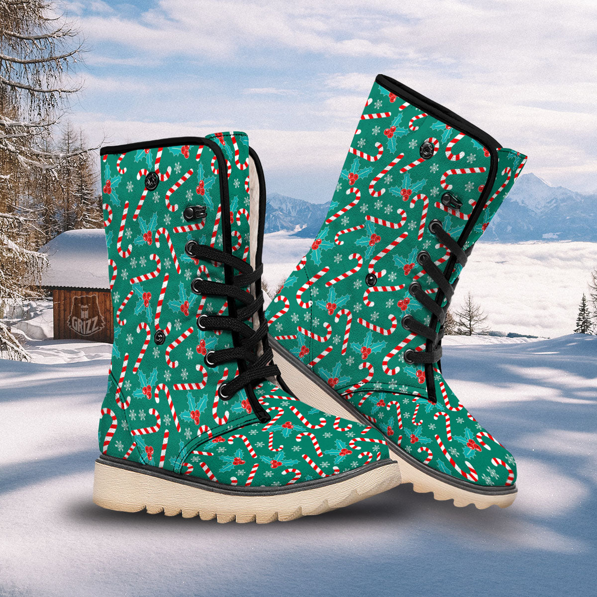 Candy Cane Merry Christmas Print Pattern Snow Boots-grizzshop