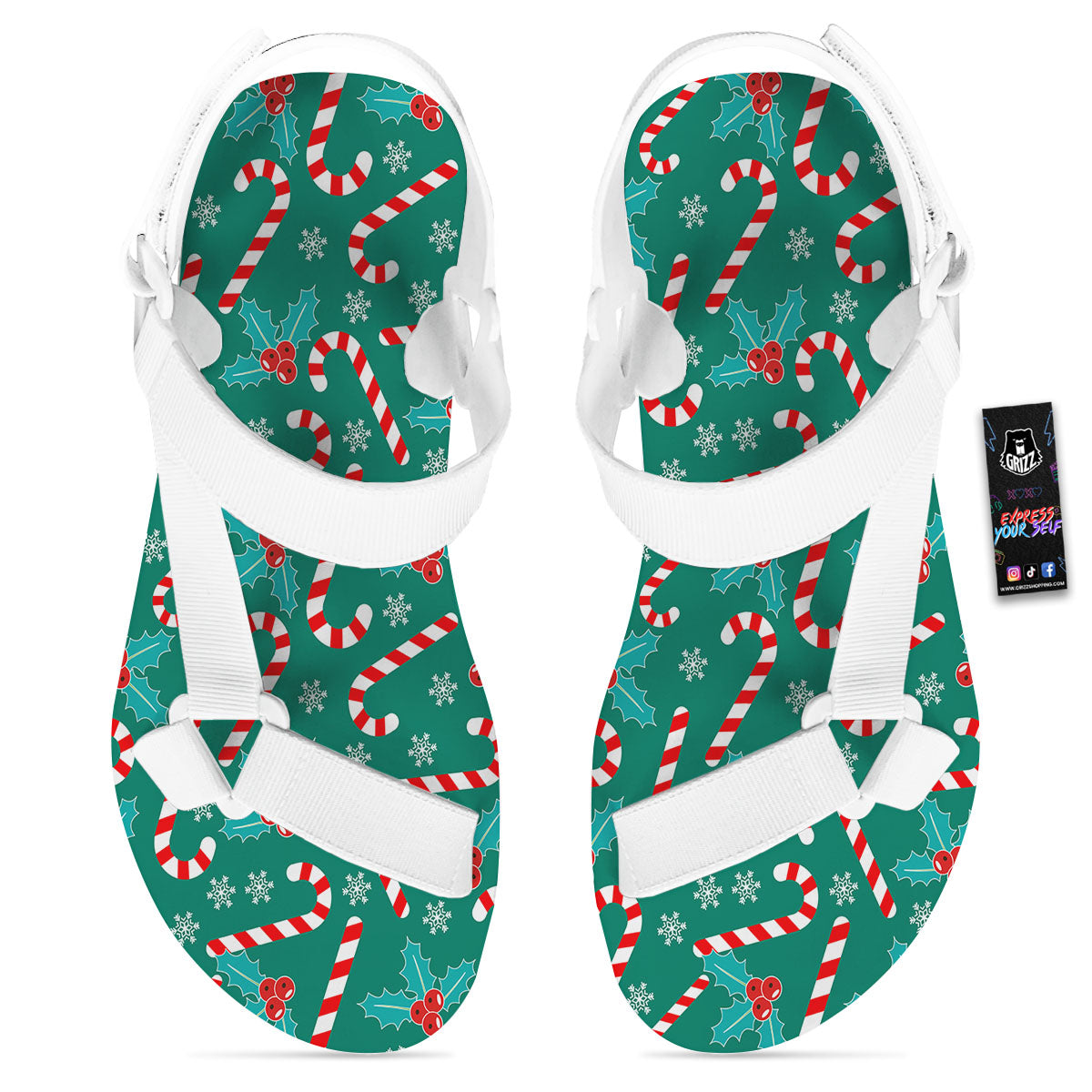 Candy Cane Merry Christmas Print Pattern White Open Toe Sandals-grizzshop