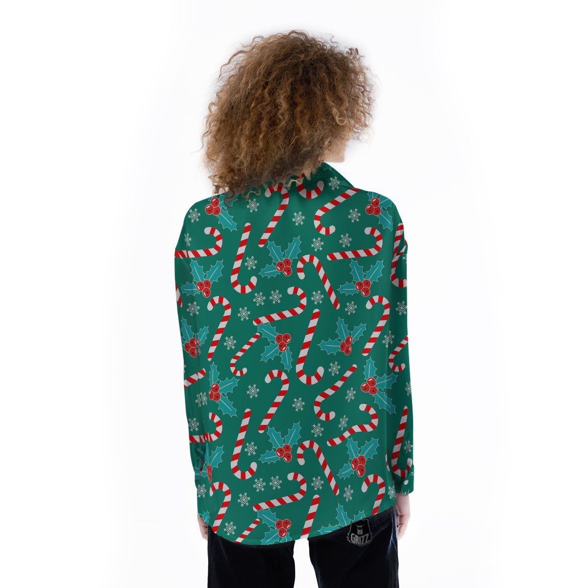 Candy Cane Merry Christmas Print Pattern Women's Long Sleeve Shirts-grizzshop