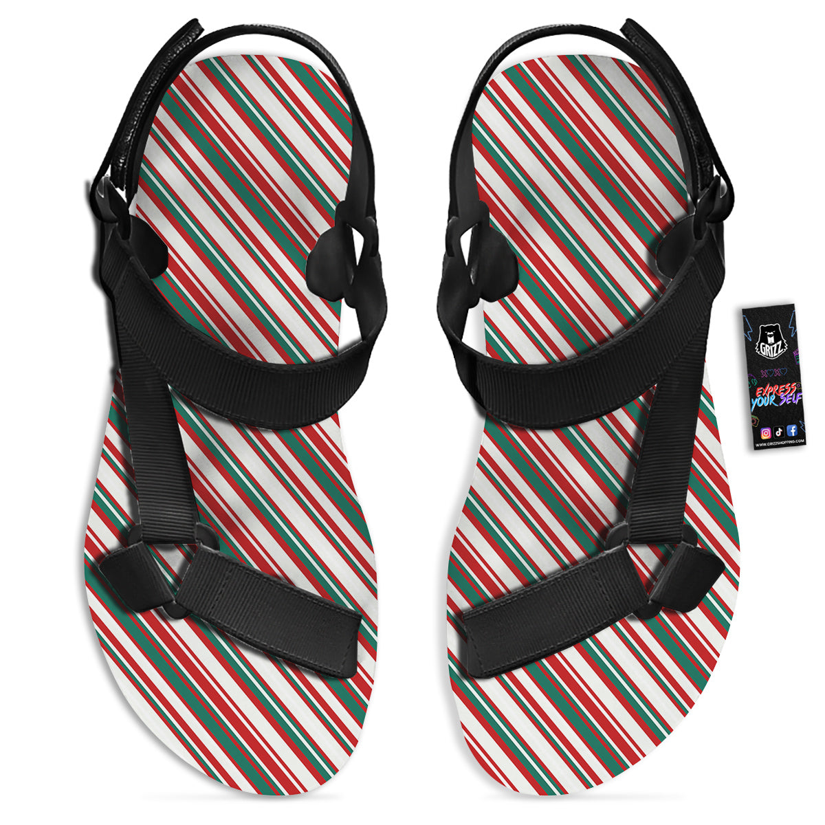 Candy Cane Stripe Christmas Print Black Open Toe Sandals-grizzshop