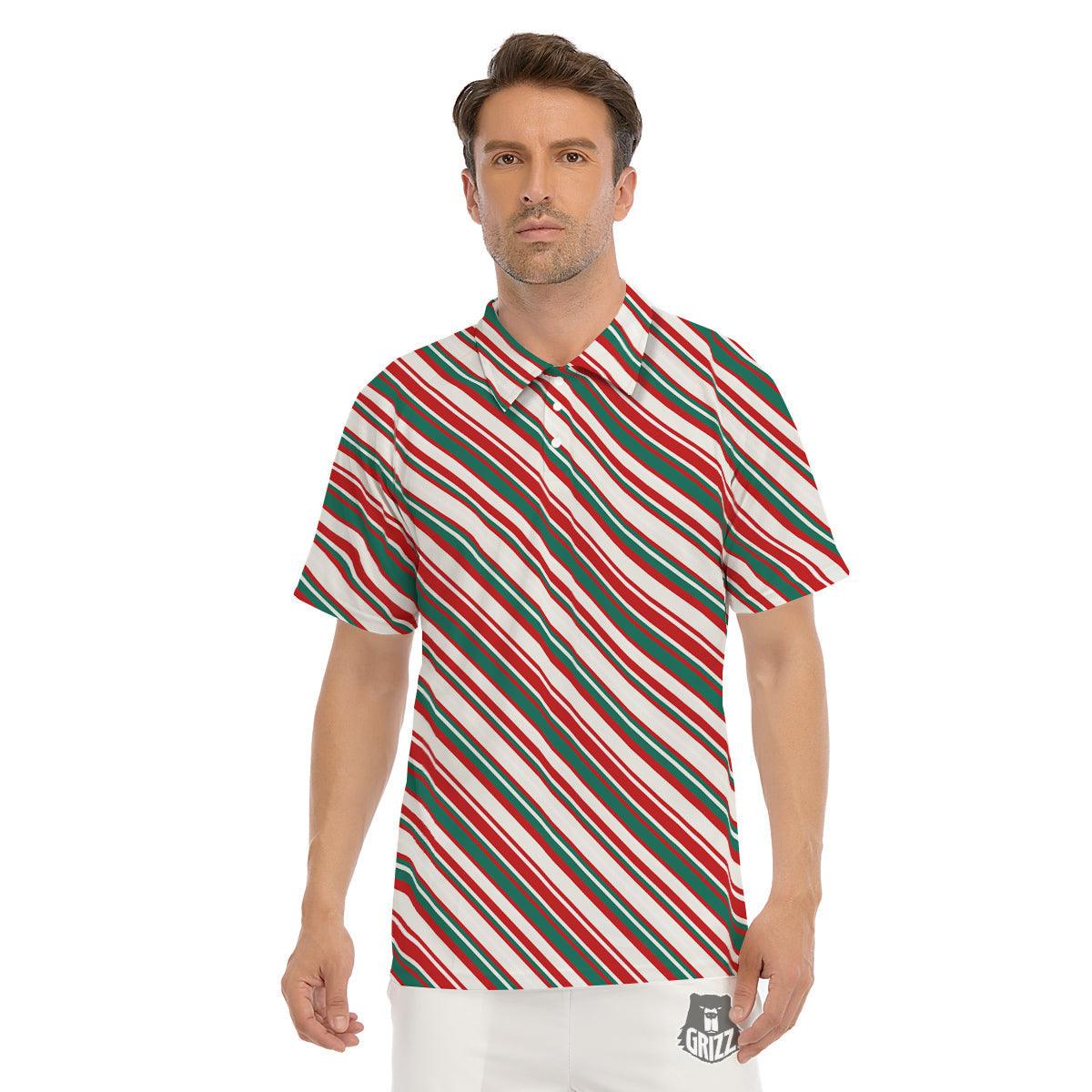 Candy Cane Stripe Christmas Print Men's Golf Shirts-grizzshop