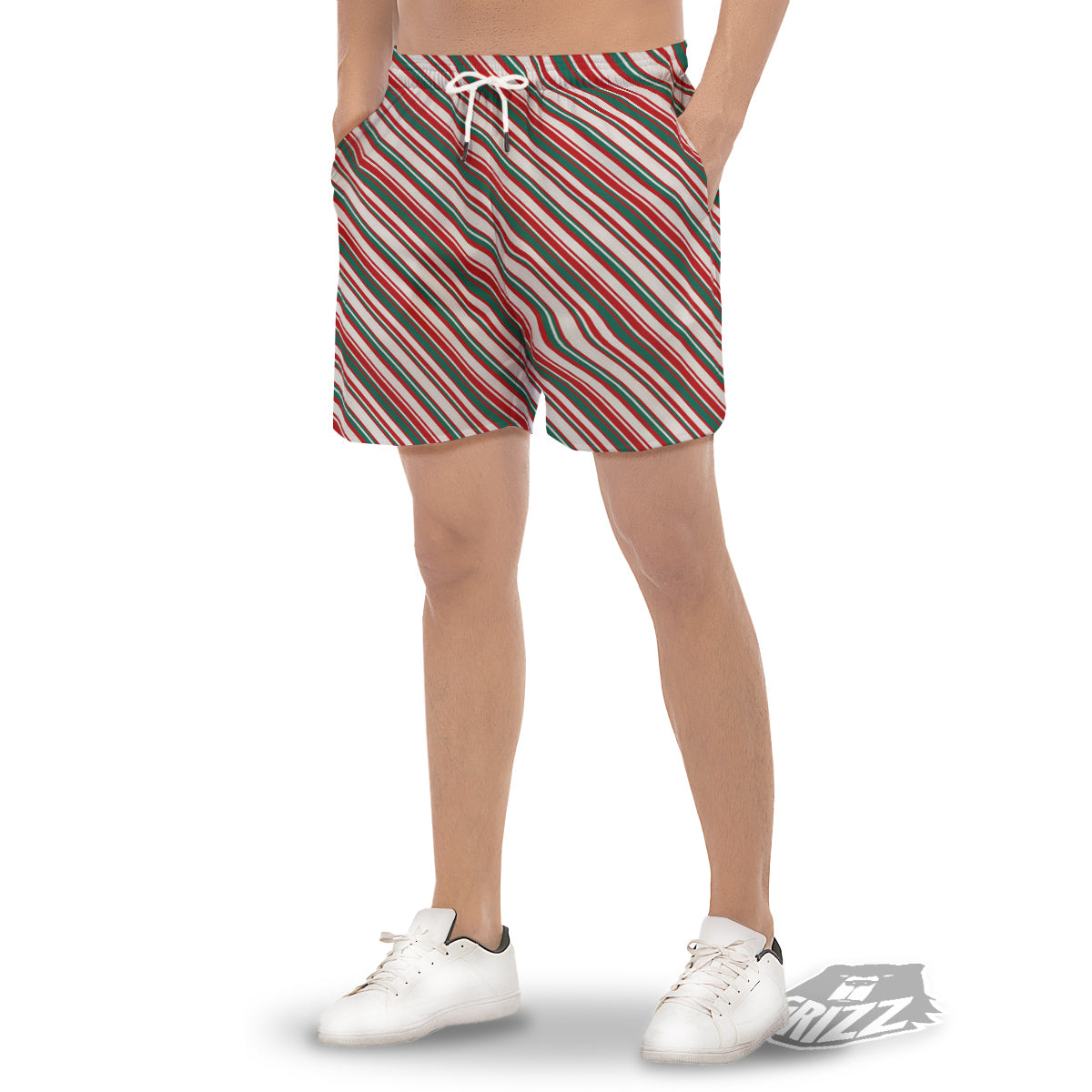 Candy Cane Stripe Christmas Print Men's Gym Shorts-grizzshop