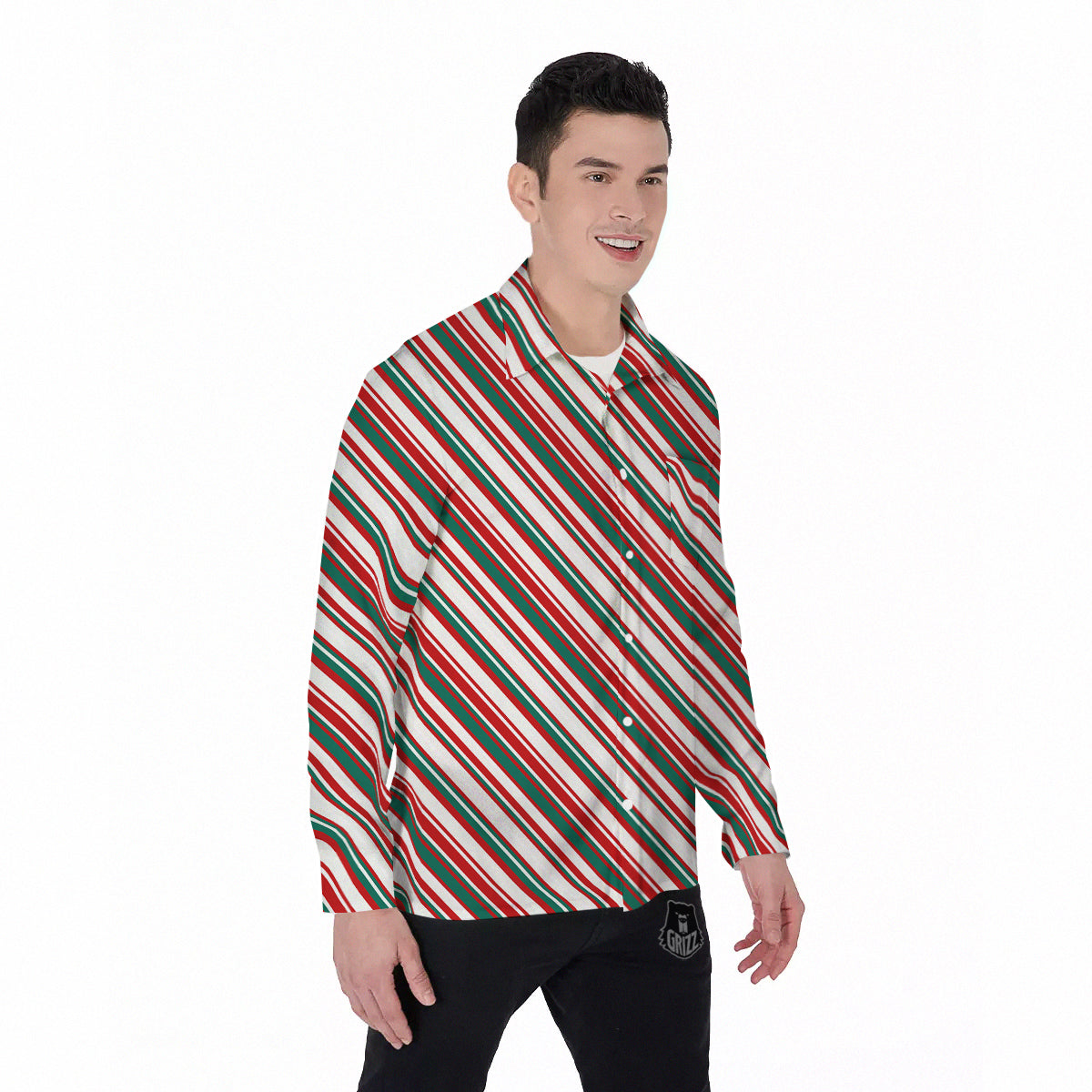 Candy Cane Stripe Christmas Print Men's Long Sleeve Shirts-grizzshop