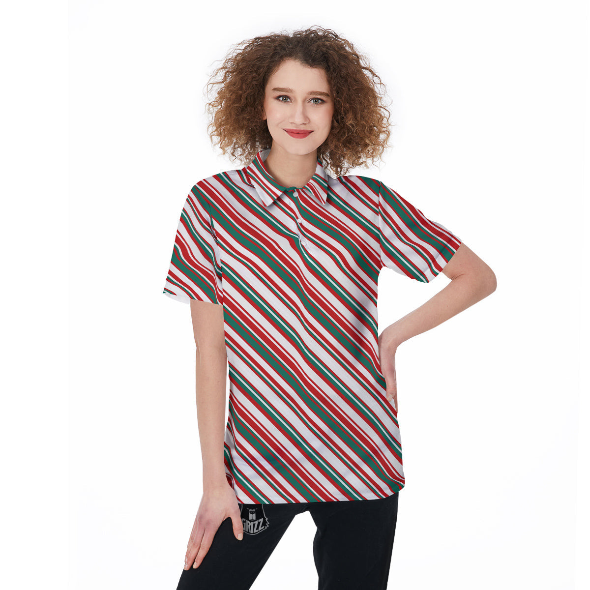 Candy Cane Stripe Christmas Print Women's Golf Shirts-grizzshop