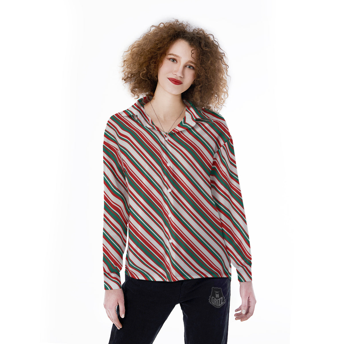 Candy Cane Stripe Christmas Print Women's Long Sleeve Shirts-grizzshop
