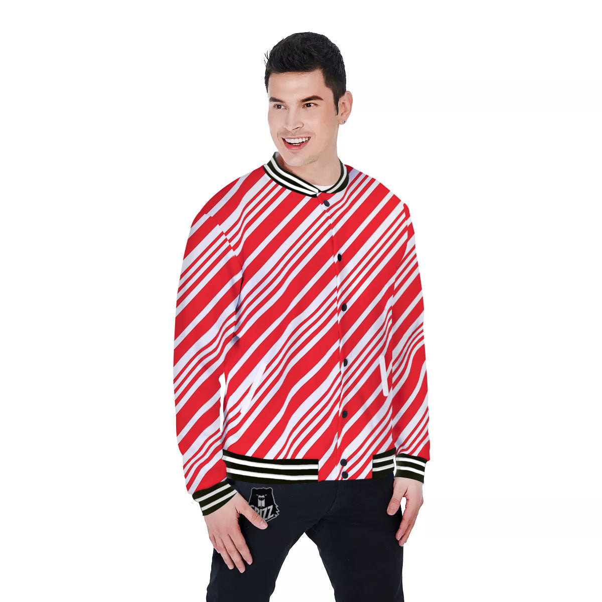 Candy Cane Stripe White And Red Print Baseball Jacket-grizzshop