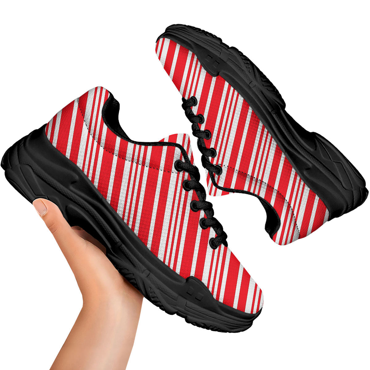 Candy Cane Stripe White And Red Print Black Chunky Shoes-grizzshop