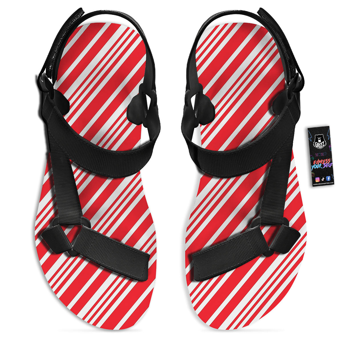Candy Cane Stripe White And Red Print Black Open Toe Sandals-grizzshop