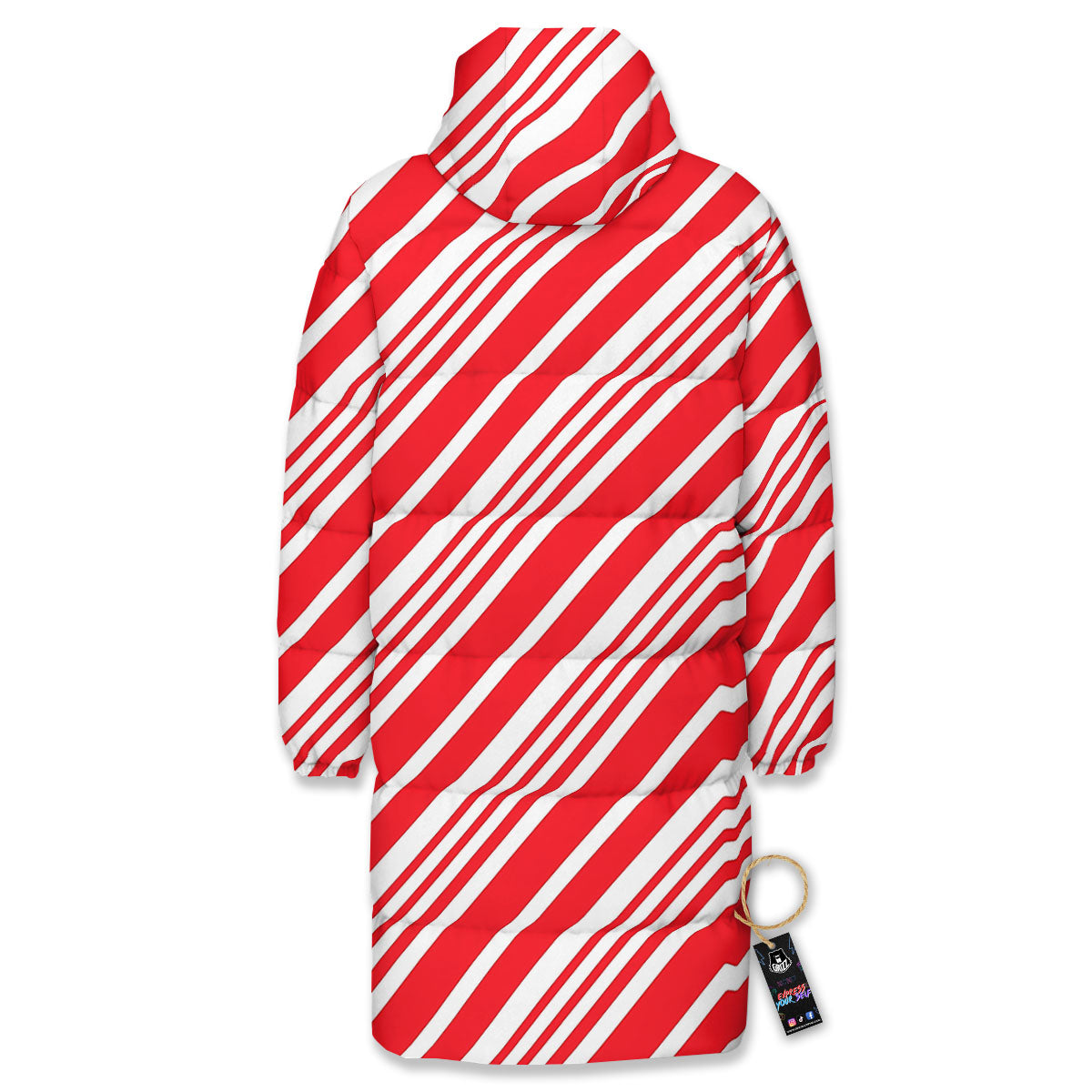 Candy Cane Stripe White And Red Print Long Down Jacket-grizzshop