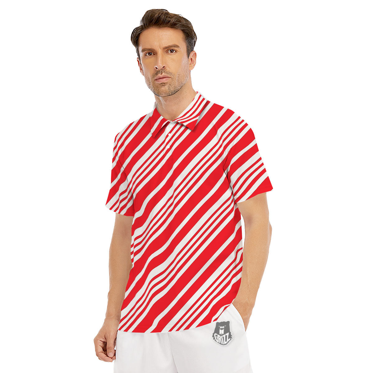 Candy Cane Stripe White And Red Print Men's Golf Shirts-grizzshop