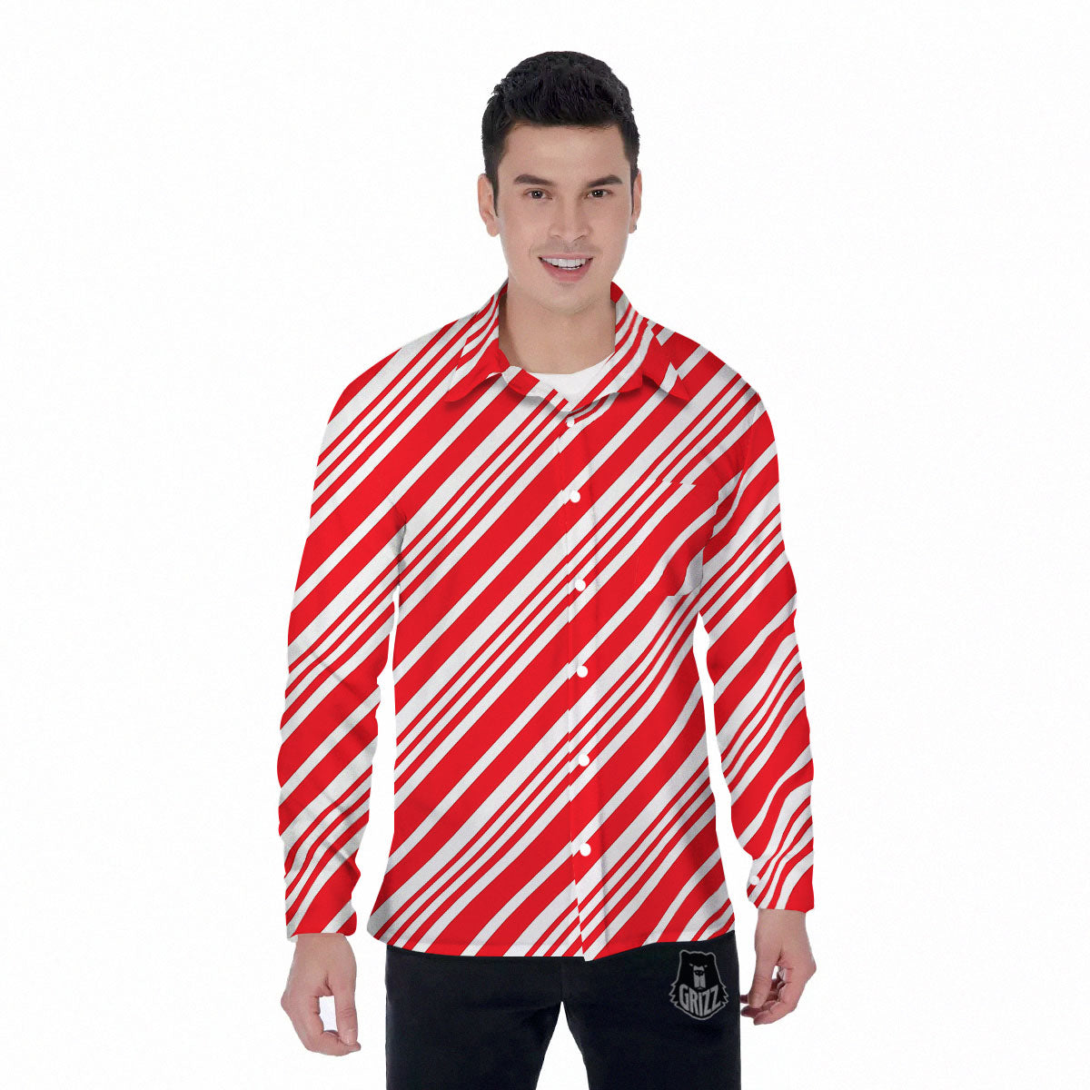 Candy Cane Stripe White And Red Print Men's Long Sleeve Shirts-grizzshop