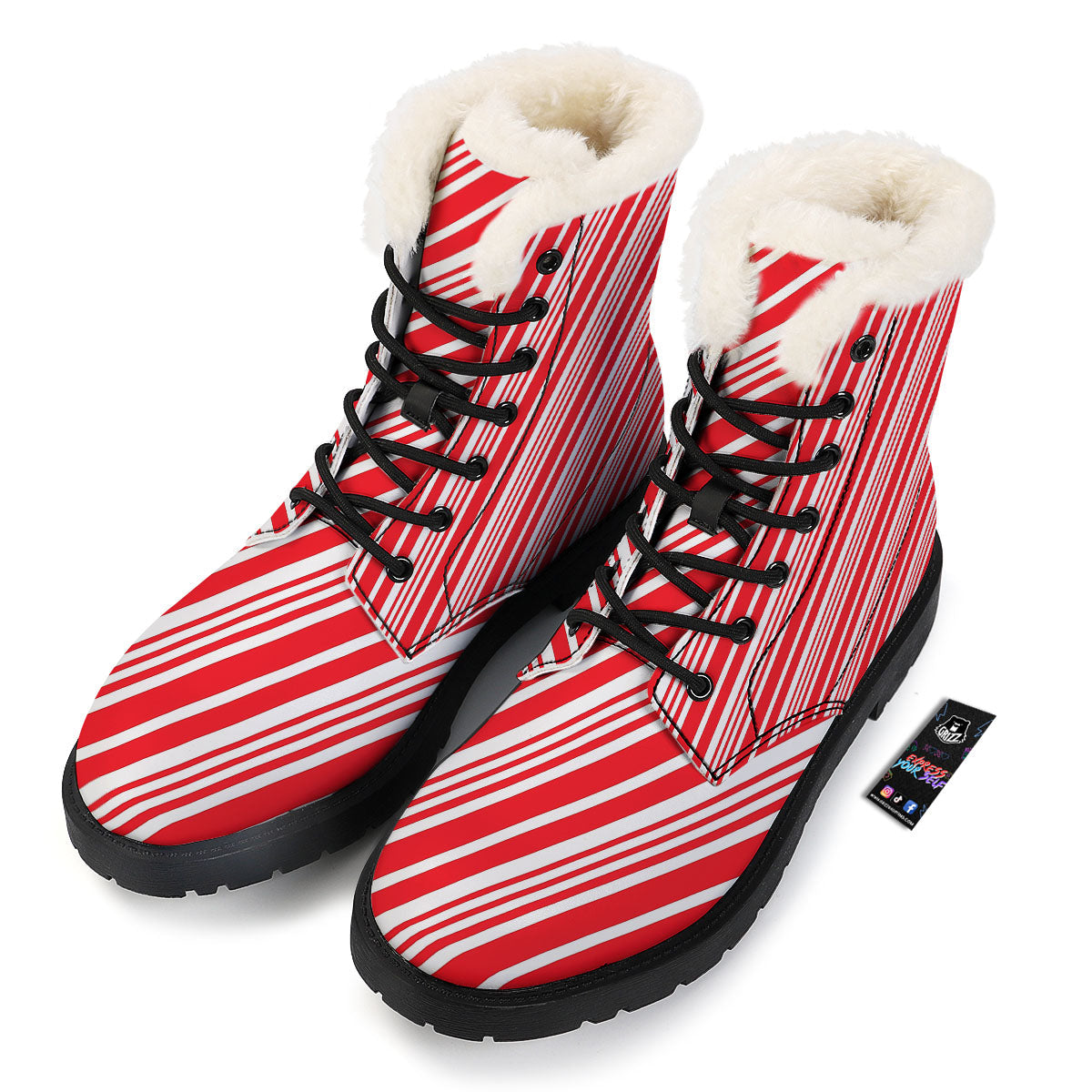 Candy Cane Stripe White And Red Print Winter Boots-grizzshop