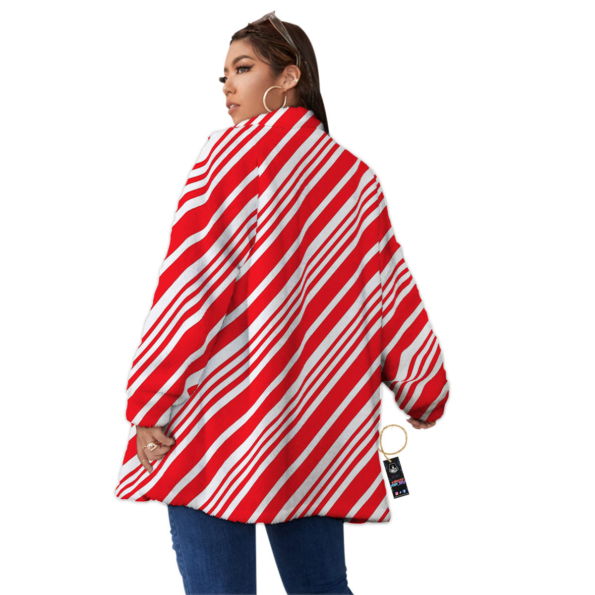 Candy Cane Stripe White And Red Print Women's Sherpa Jacket-grizzshop