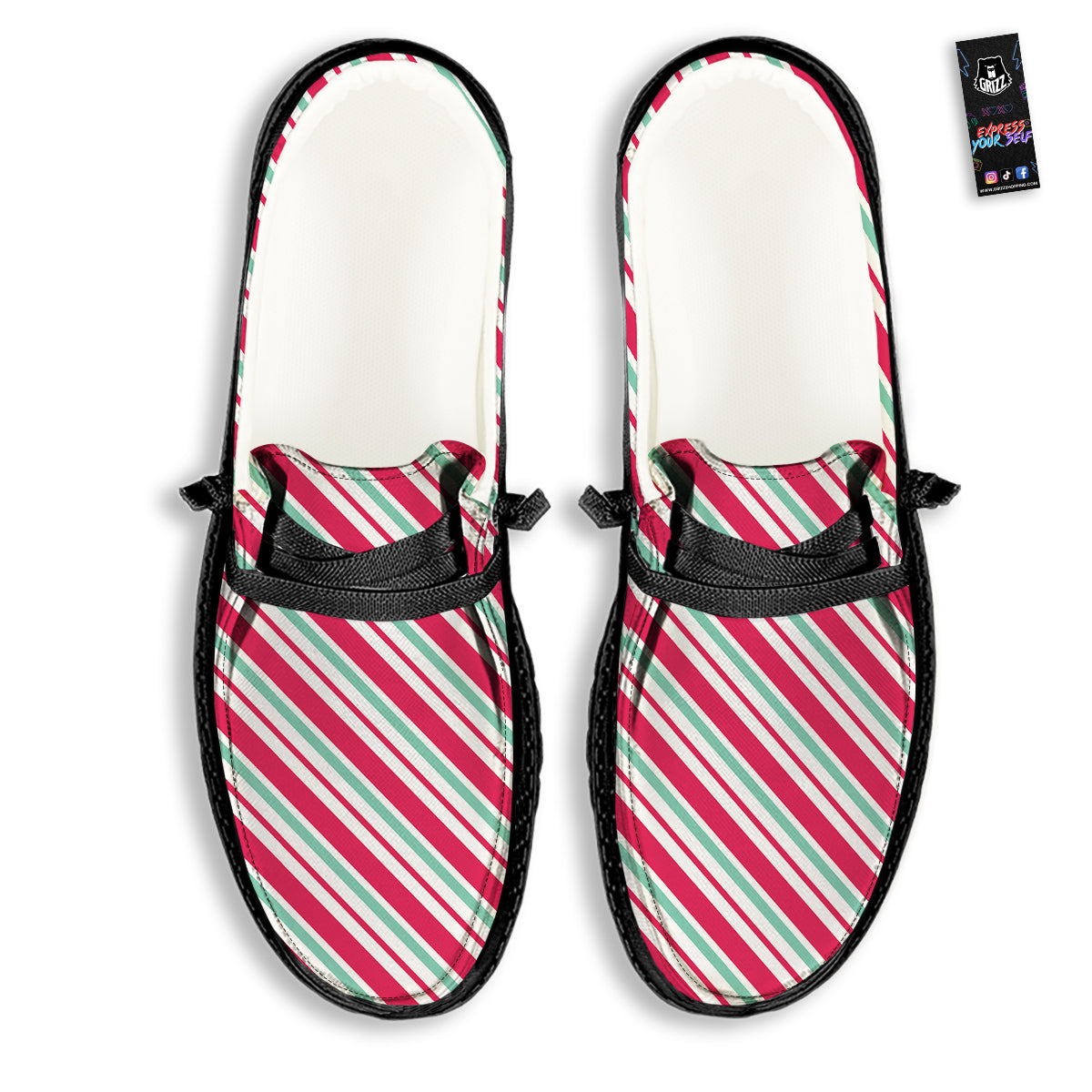 Candy Cane Striped Christmas Print Black Loafers-grizzshop