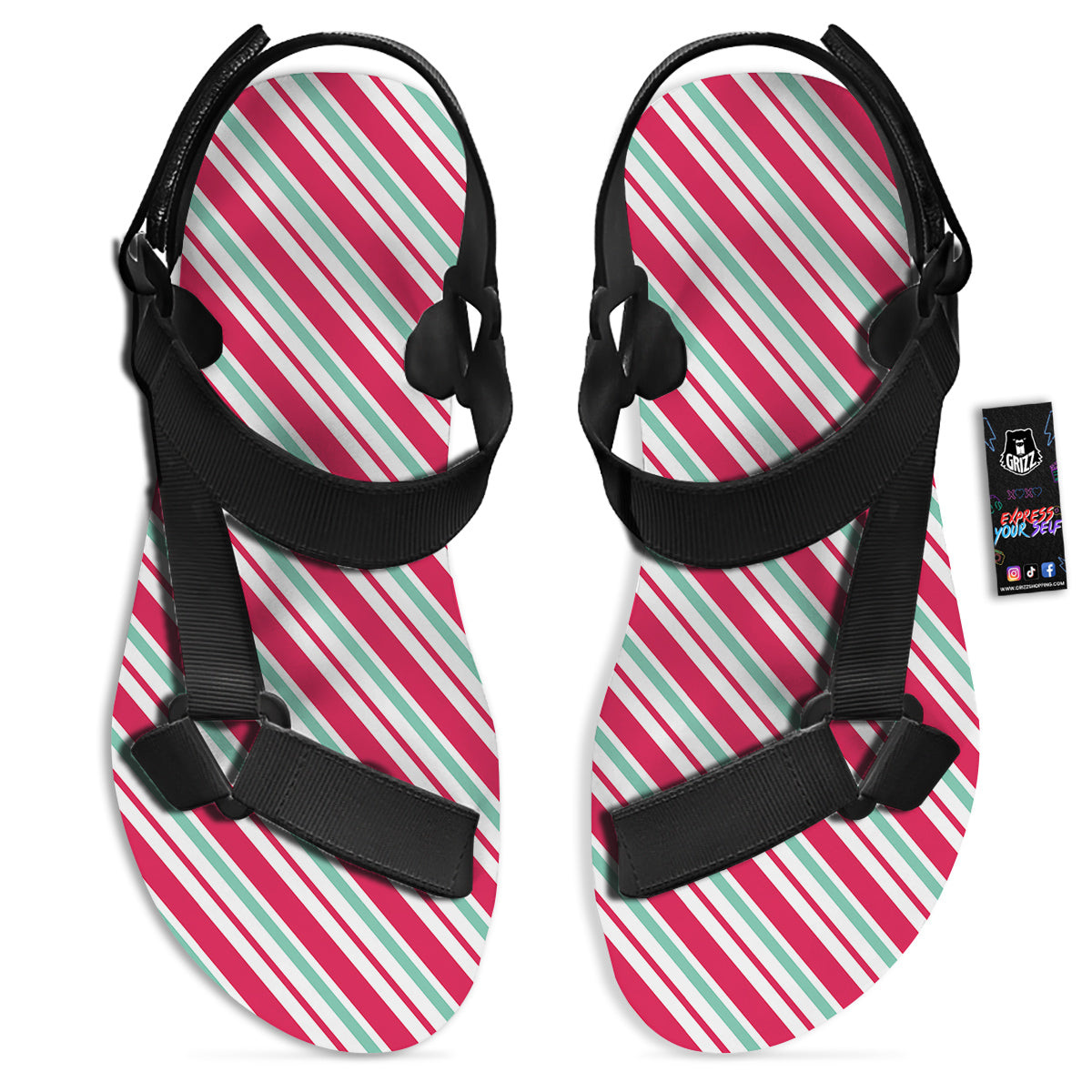 Candy Cane Striped Christmas Print Black Open Toe Sandals-grizzshop