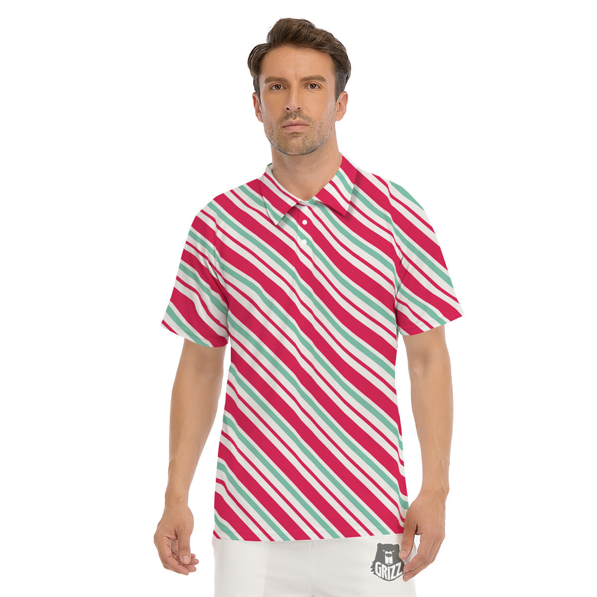 Candy Cane Striped Christmas Print Men's Golf Shirts-grizzshop