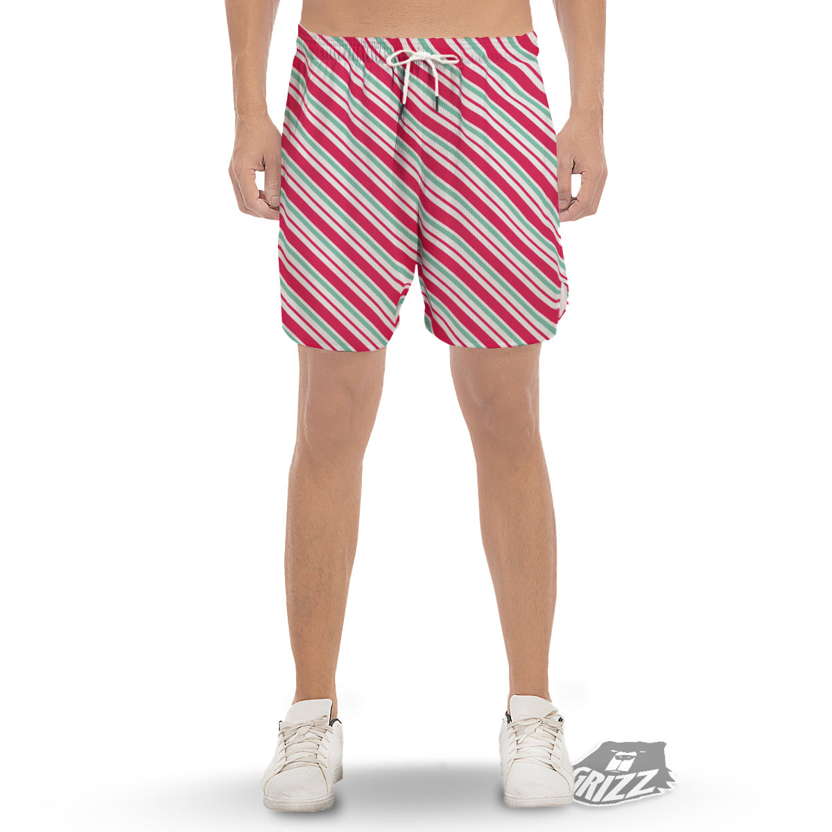 Candy Cane Striped Christmas Print Men's Gym Shorts-grizzshop