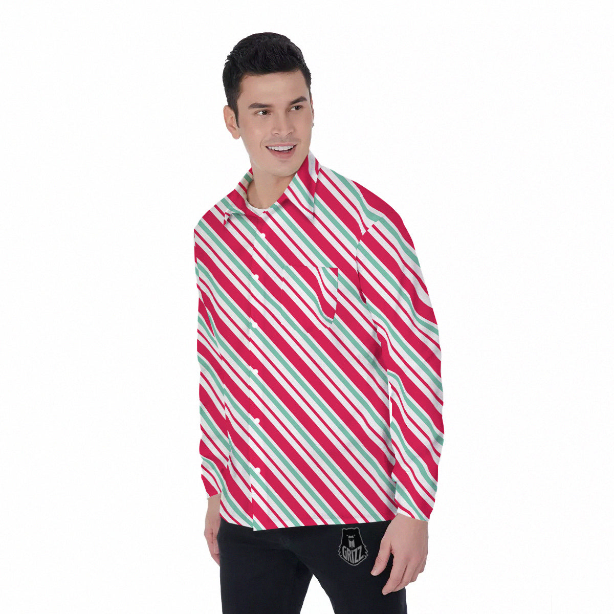 Candy Cane Striped Christmas Print Men's Long Sleeve Shirts-grizzshop