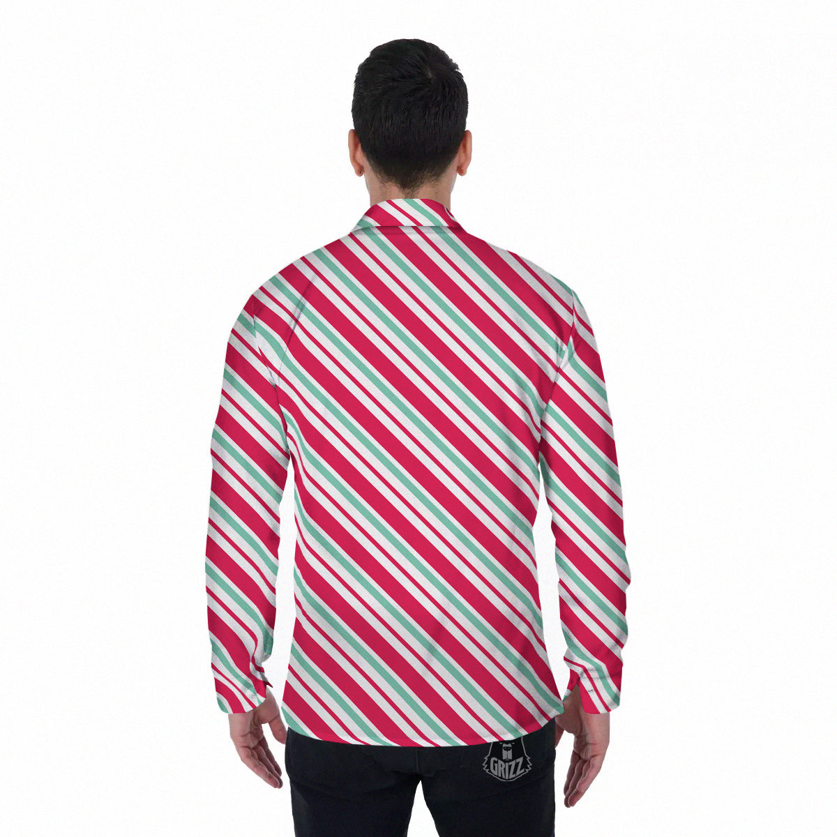 Candy Cane Striped Christmas Print Men's Long Sleeve Shirts-grizzshop