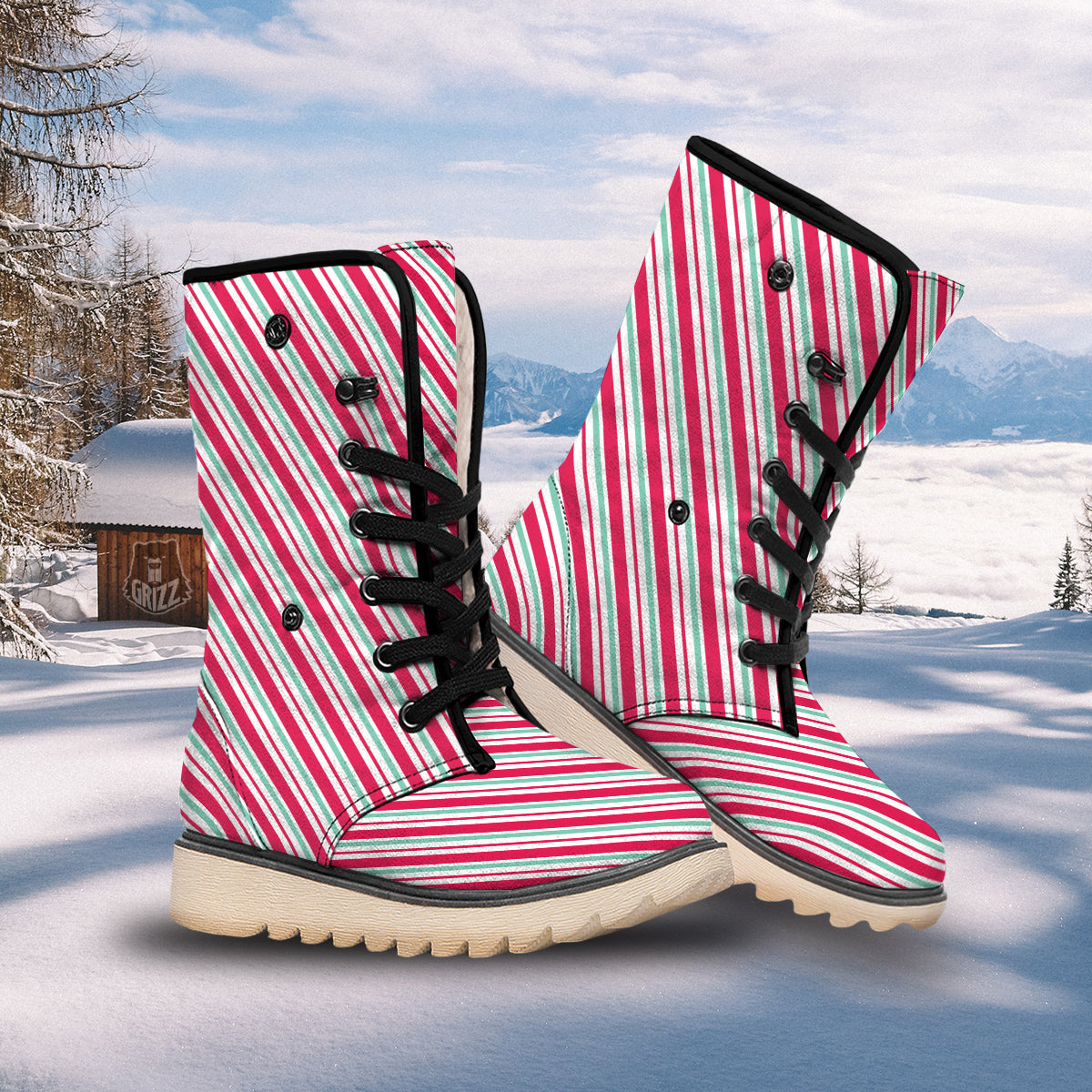Candy Cane Striped Christmas Print Snow Boots-grizzshop